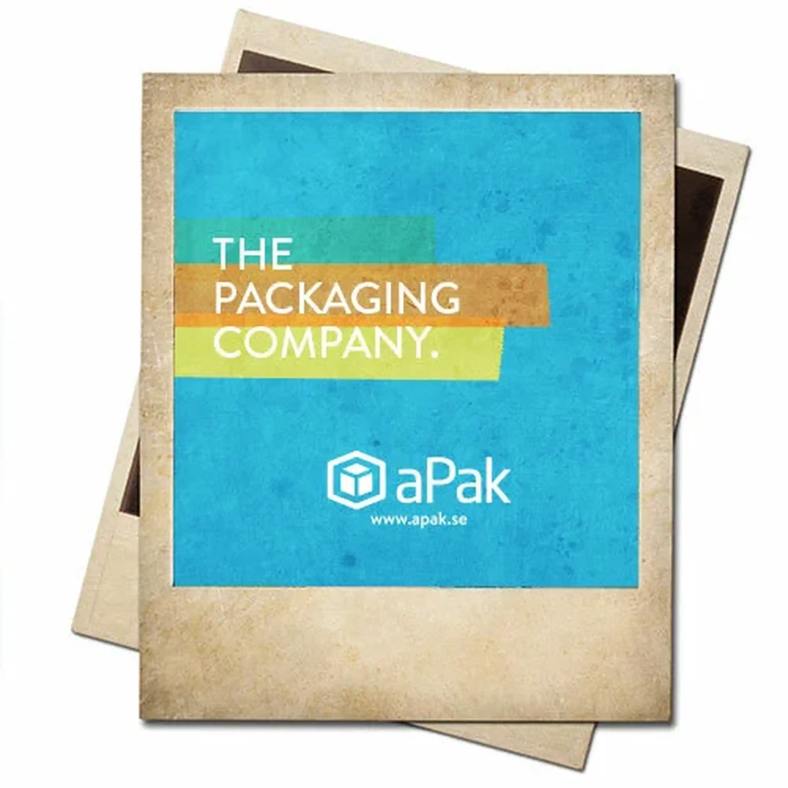 A blue square with "The Packaging Company" and "aPak" logo, layered over two beige cardboard textures.