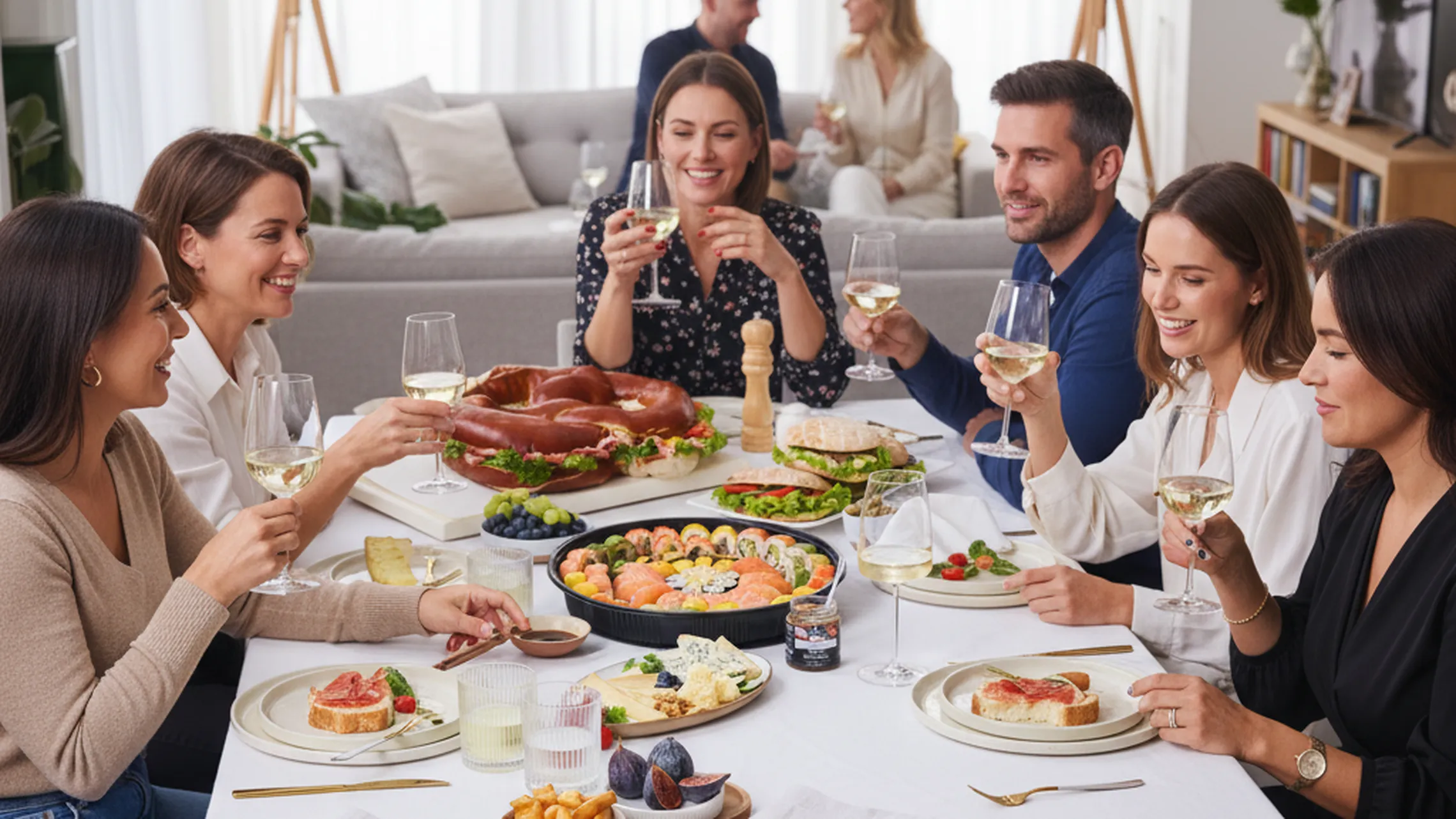 Eine Gruppe von Freunden genießt in einem hellen Wohnzimmer ein Essen mit Wein an einem Tisch, der mit verschiedenen Gerichten gedeckt ist.