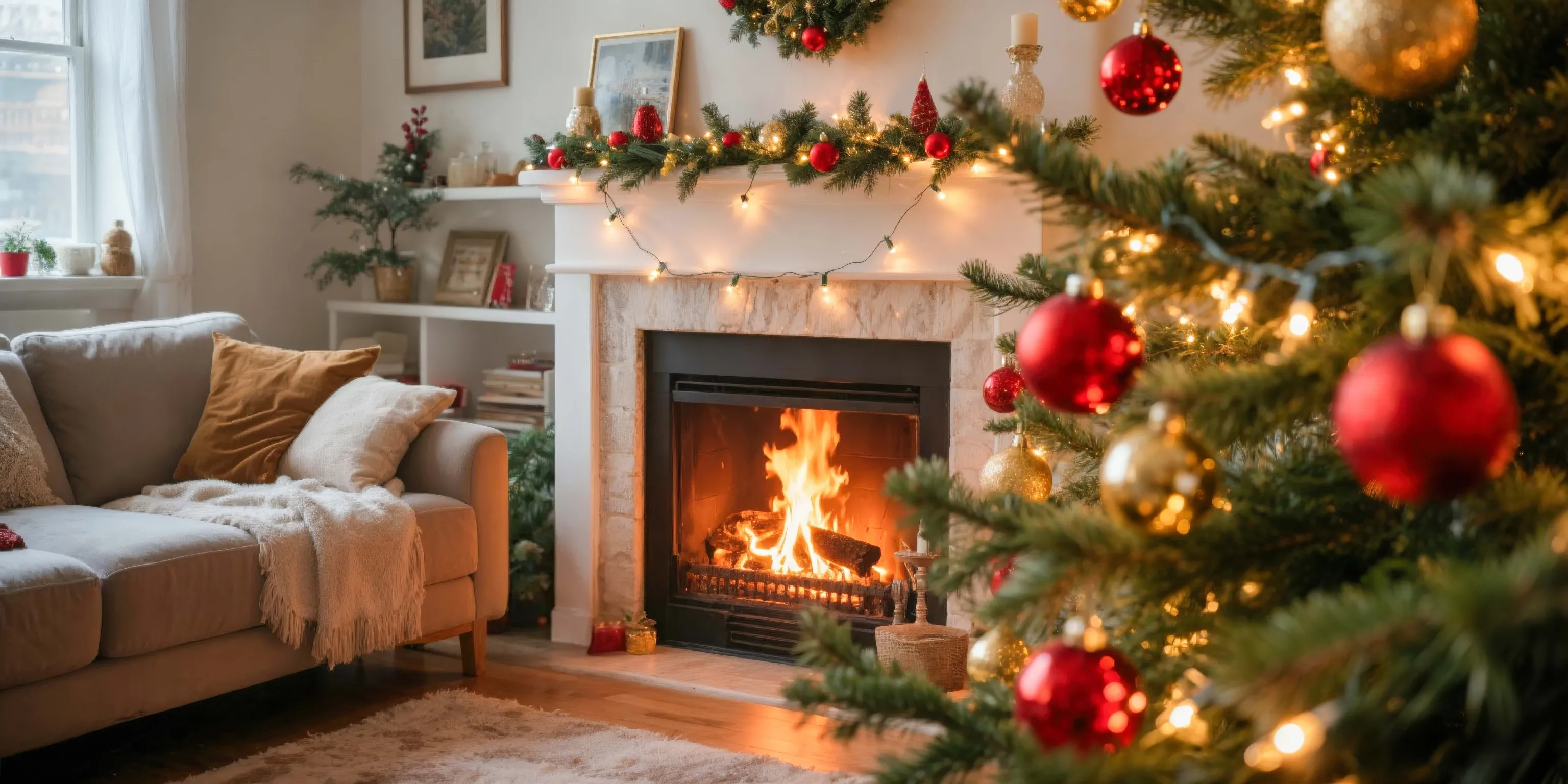 Ein gemütliches Wohnzimmer mit einem geschmückten Weihnachtsbaum, einem brennenden Kamin und einem mit Girlanden verzierten Kaminsims, das eine warme Weihnachtsstimmung verbreitet.