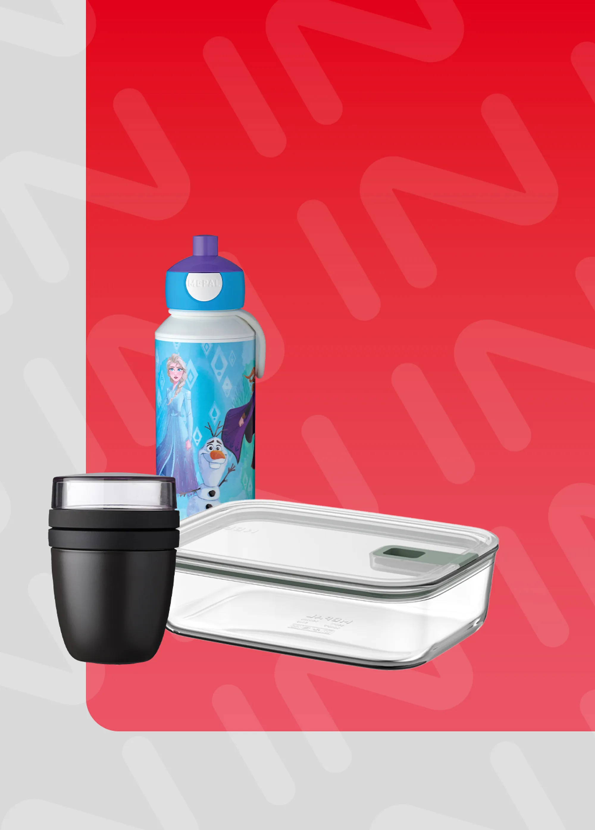 Ein Werbebanner für eine Prozentaktion für alle Artikel der Marke Mepal, wie zum Beispiel Trinkflaschen, Aufbewahrungsboxen für Lebensmittel und Lunchboxen.