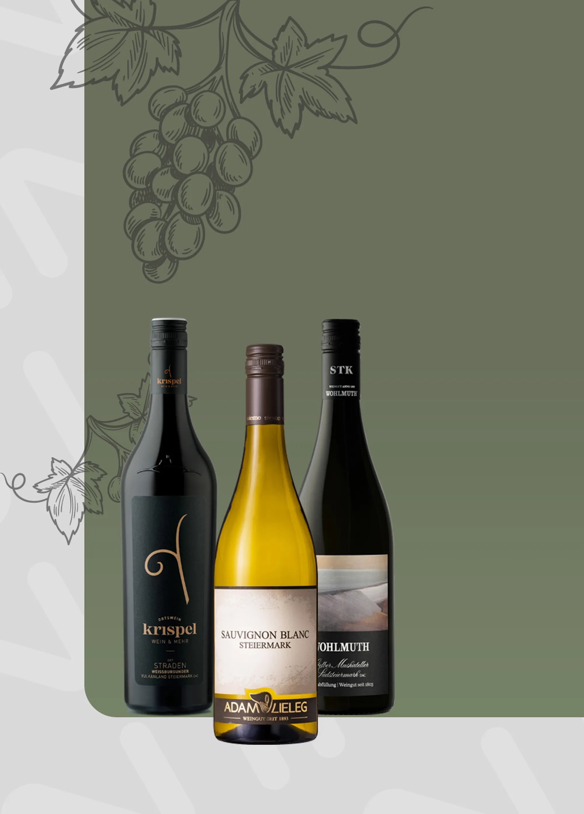 Werbebanner mit drei abgebildeten Flaschen Wein für eine Prozentaktion für ausgewählte Weine aus der Steiermark.