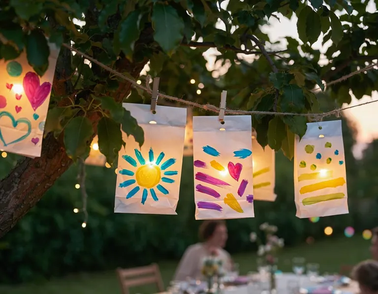 selbst gebastelte lampions aus butterbrot-tüten aus papier hängen in einem baum die  862501