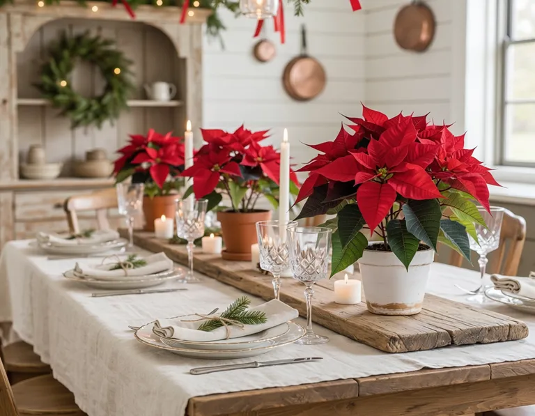 Ein Weihnachtstisch mit Leinentischdecke, edlem Porzellan, Weingläsern, Servietten und Topfweihnachtssternen. Helle, festliche Atmosphäre im Landhausstil.