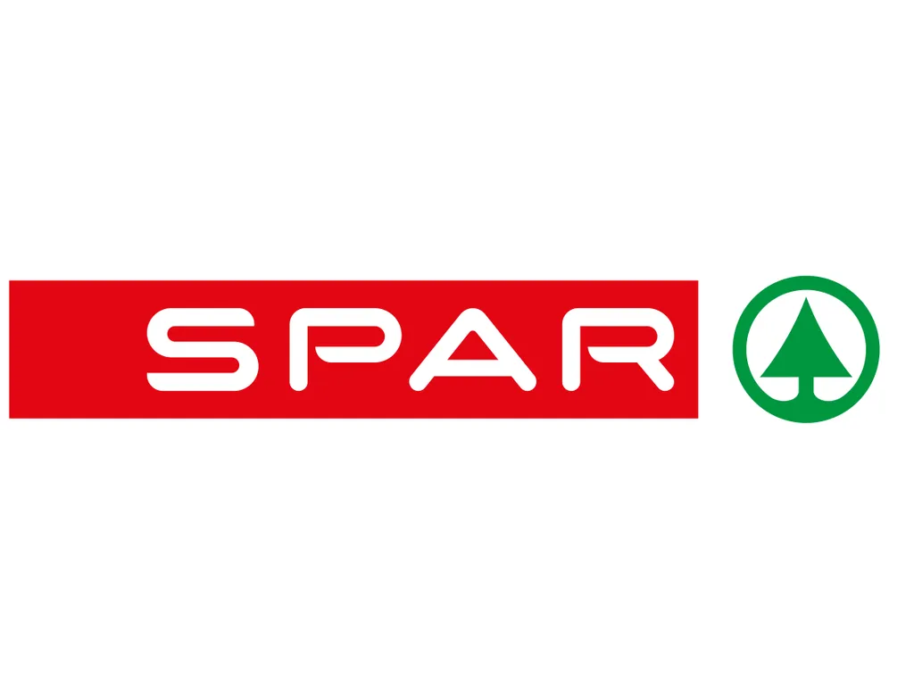 Rotes, weißes und grünes „SPAR“-Logo mit den großen Buchstaben „SPR“ und einem grünen Baumsymbol in einem weißen Rechteck