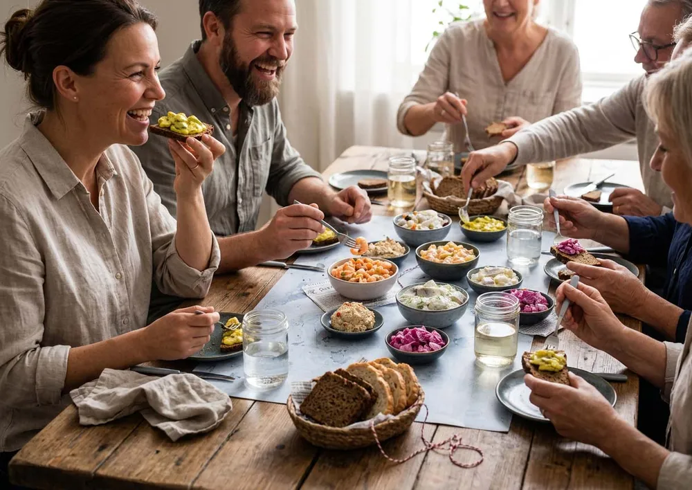 Menschen sitzen gemeinsam am Tisch und genießen verschiedene Heringsschmaus-Spezialitäten