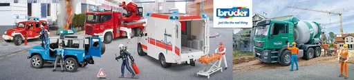 Ein Werbebanner mit diversen Kinderspiel-Artikeln von der Marken Bruder, wie ein Rettungswagen, ein Beton-Mischwagen und einige Einsatzfahrzeuge.