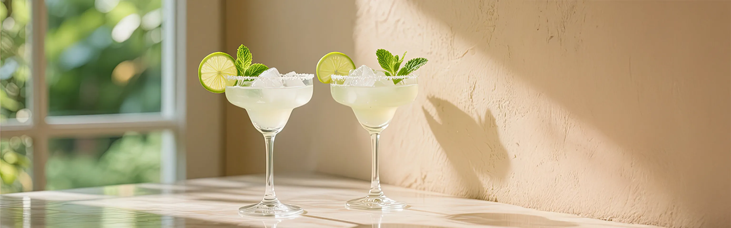 Zwei Margaritas mit Limettenscheiben, Minze und Salzrand auf einem Tisch
