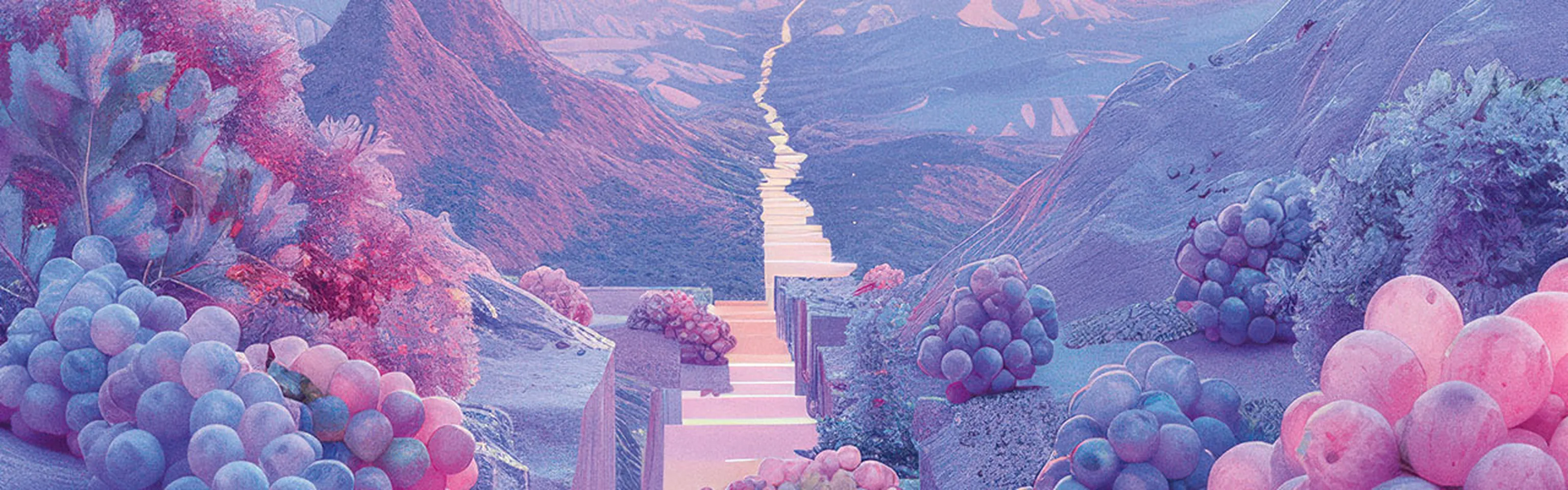 Surreal landscape with large, colorful grape clusters in the foreground, leading to distant mountains under a purple-hued sky.