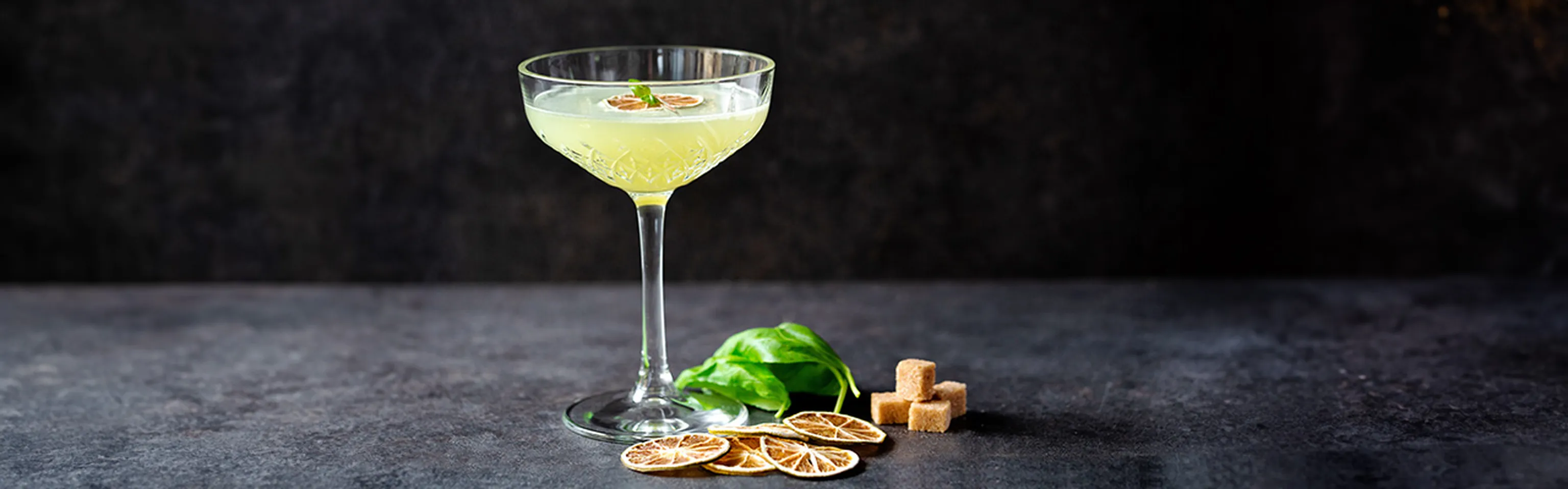 Hellgrüner Cocktail im Coupette-Glas mit Basilikum, getrockneten Zitrusscheiben und Zuckerwürfeln