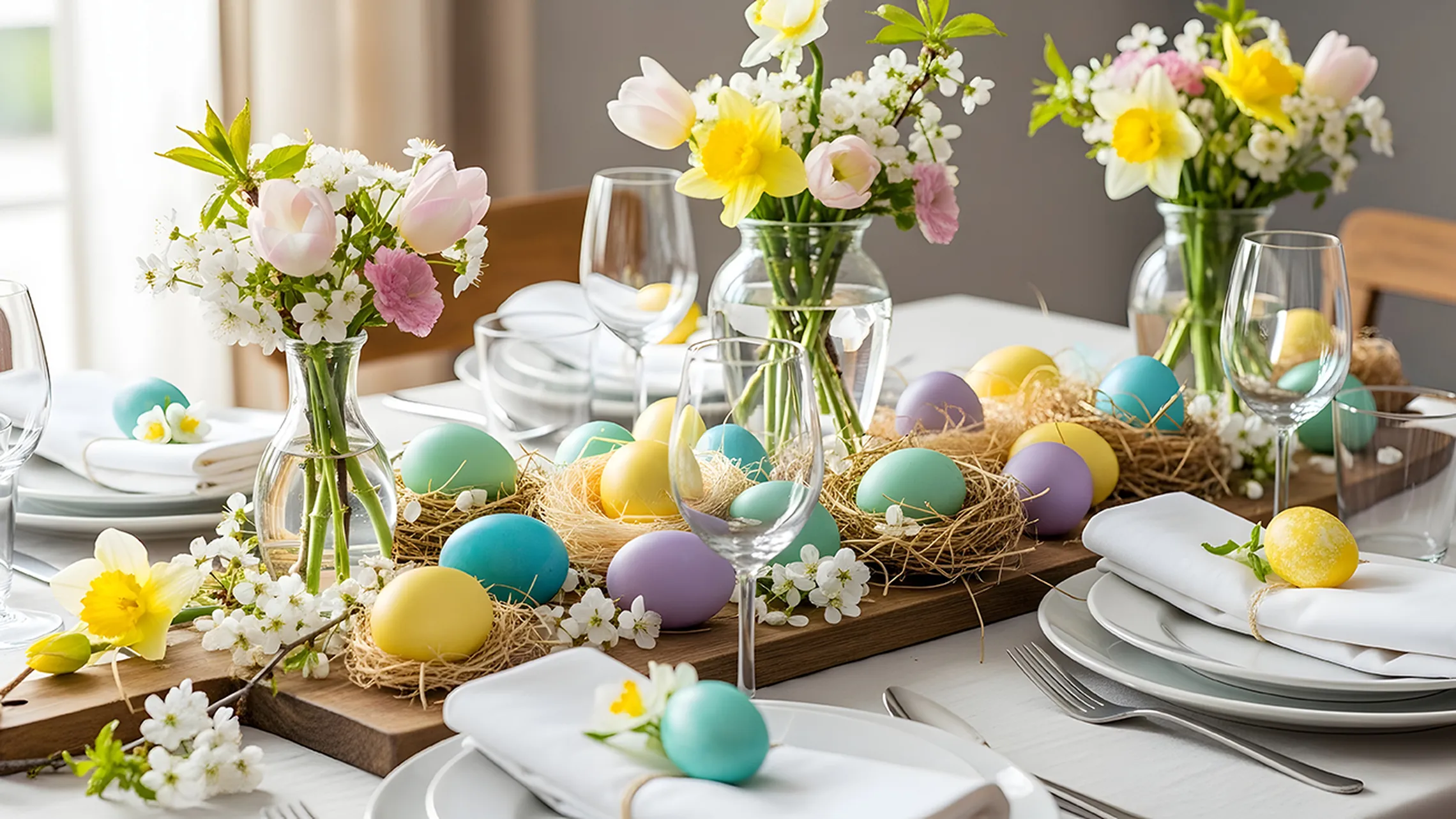 Eine elegante Ostertischdekoration mit pastellfarbenen Eiern, Frühlingsblumen in Glasvasen und ordentlich angeordnetem Geschirr und Gläsern auf einer weißen Tischdecke.
