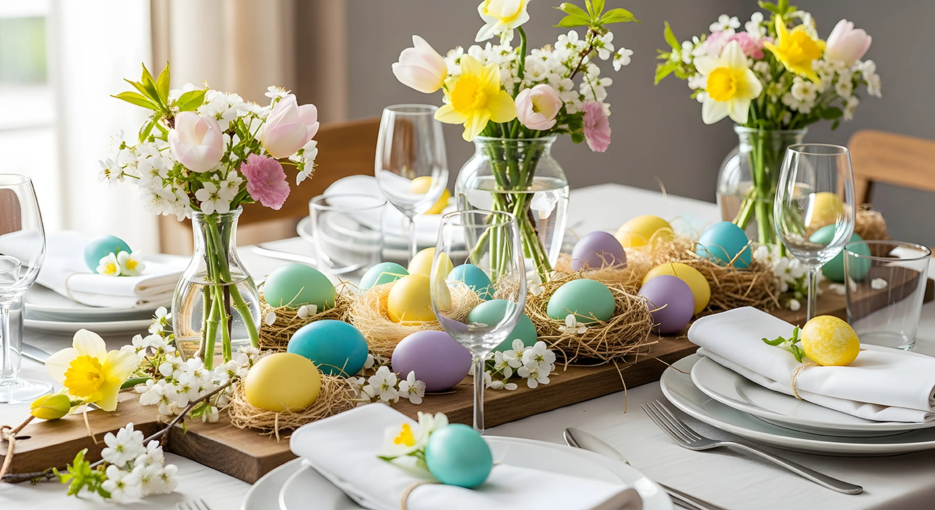 Eine elegante Ostertischdekoration mit pastellfarbenen Eiern, Frühlingsblumen in Glasvasen und ordentlich angeordnetem Geschirr und Gläsern auf einer weißen Tischdecke.
