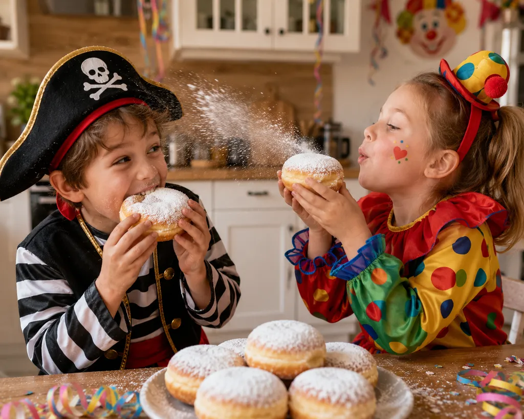 Zwei fröhliche Kindern beim Essen von Faschingkrapfen in einer Küche wobei eines der Kinder gerade von seinem Krapfen abbeißt und das andere Kind den Staubzucker von seinem Krapfen in Richtung des anderen Kindes bläst.