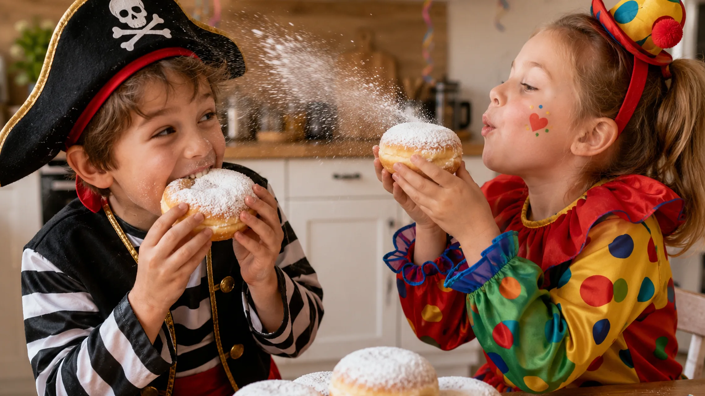 Zwei fröhliche Kindern beim Essen von Faschingkrapfen in einer Küche wobei eines der Kinder gerade von seinem Krapfen abbeißt und das andere Kind den Staubzucker von seinem Krapfen in Richtung des anderen Kindes bläst.