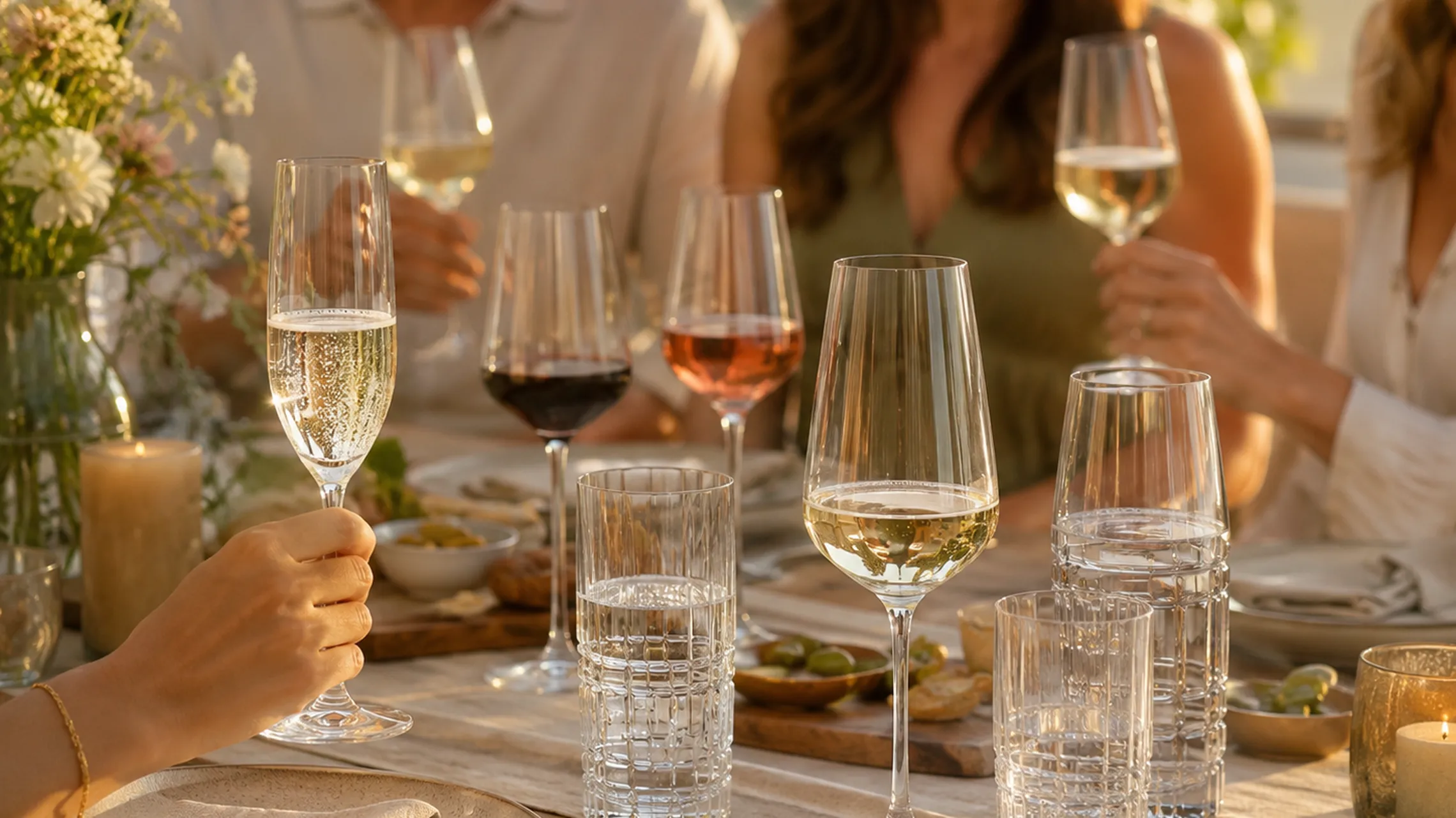 Freunde genießen gemeinsam Weißwein, Rosé, Rotwein und Schaumwein bei einer stilvollen Weinverkostung im Freien