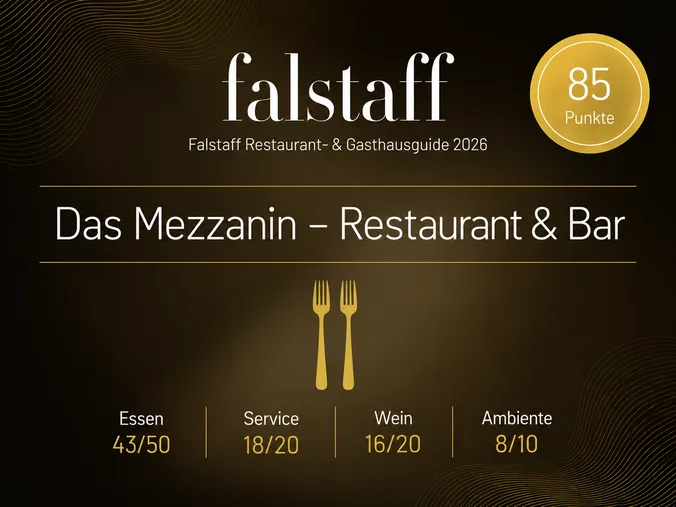 Falstaff-Auszeichnung von 85 Punkten (Essen 43/50, Wein 16/20, Service 18/20 und Ambiente 8/10) für das Mezzanin
