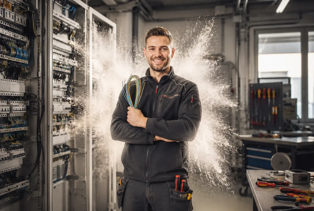 Betriebstechniker vor einem geöffneten Schaltschrank mit Kabeln und Werkzeug in einer Werkstatt