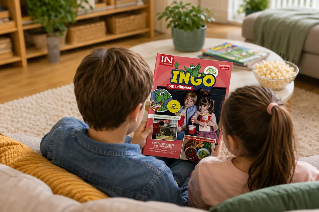 Zwei Kinder sitzen auf dem Sofa und lesen gemeinsam das INGO-Kindermagazin in gemütlicher Wohnatmosphäre