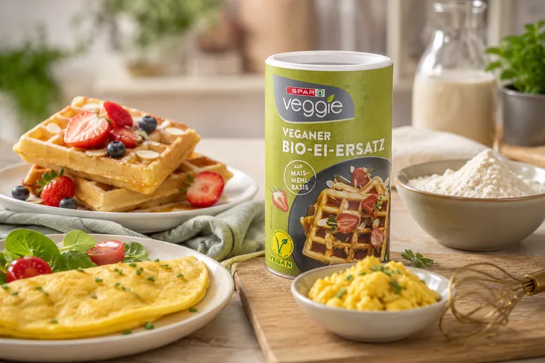 SPAR Veggie Bio-Ei-Ersatz auf einem Frühstückstisch mit veganen Waffeln, Rührei-Alternative, frischen Erdbeeren und pflanzlichen Zutaten in einer hellen Küche