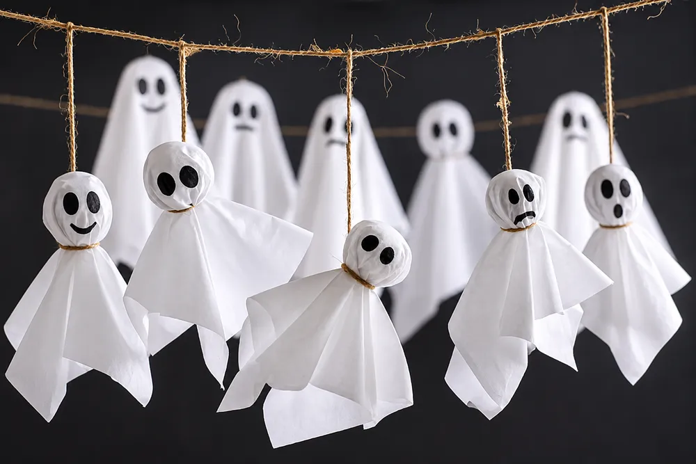 Selbst gebastelte Halloween-Geister aus Papier hängen an einer Schnur als festliche Dekoration