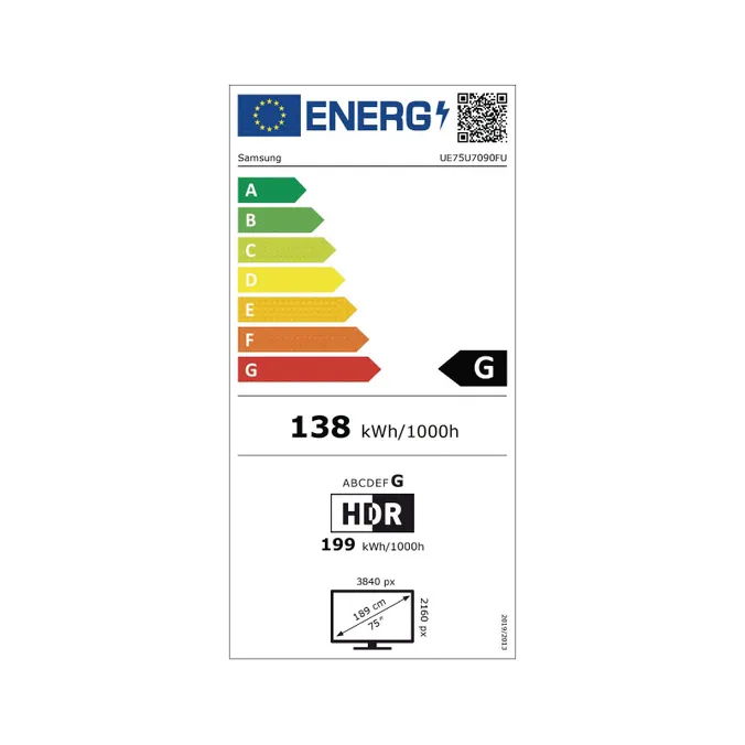 Ein Energielabel eines Fernsehers mit der Note G, weißer Hintergrund