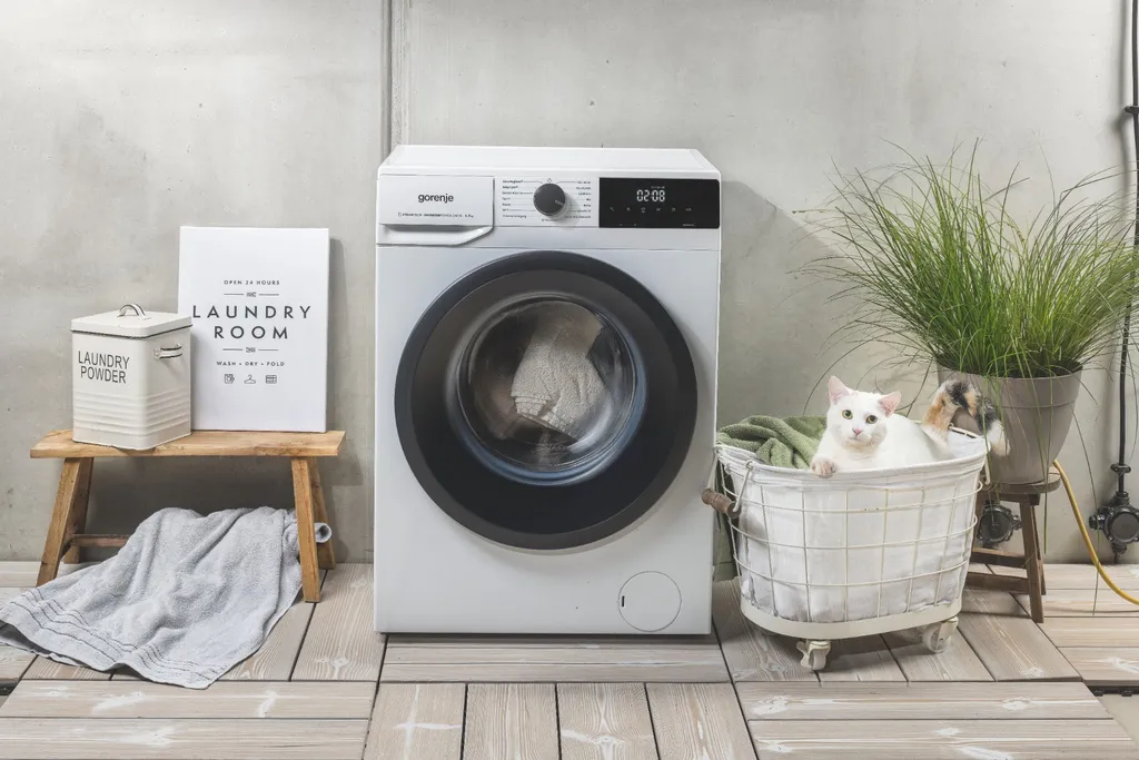 Waschmaschine der Marke Gorenje, in einem grau gehaltenem Raum, daneben ein Wäschekorb mit einer Katze und ein Blumentopf