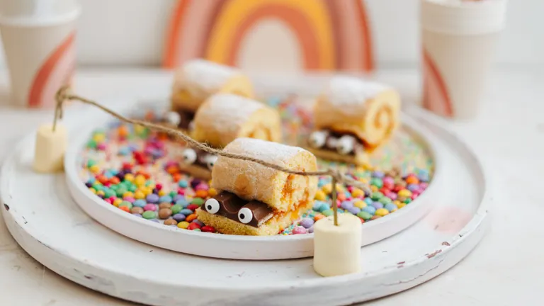 Bunte Biskuitrollen mit Zuckeraugen auf einem Tablett mit Streuseln, verziert mit Marshmallow-Schnüren, Tassen und einem Regenbogenhintergrund.