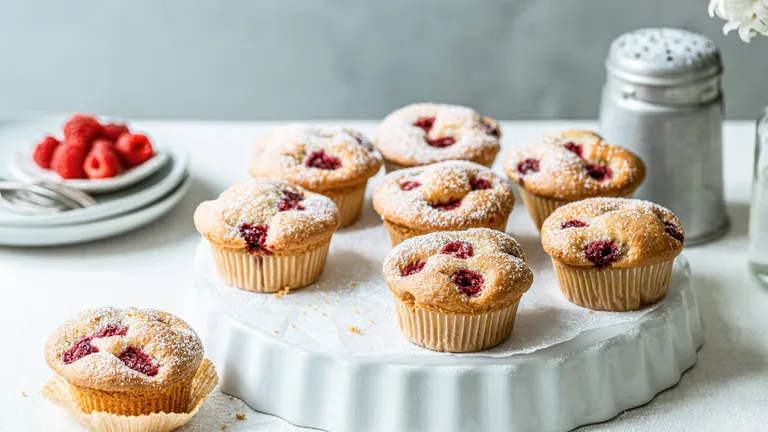 Himbeermuffins auf einem Tisch mit weißer Tischdecke