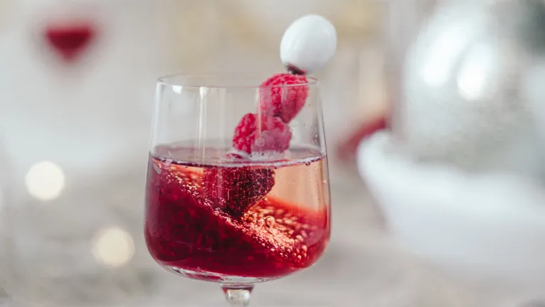 Glas Champagner mit Himbeer-Gelee vor festlichem Hintergrund