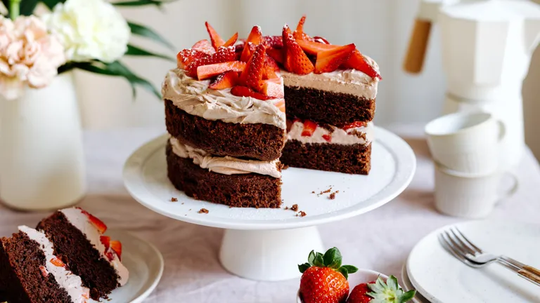 Brownie-Torte mit Erdbeeren auf rosa Tischdecke mit weißem Kaffeegeschirr