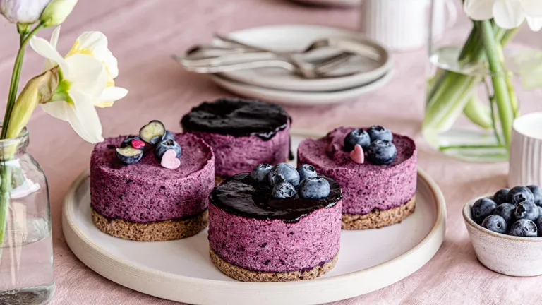 Heidelbeer-Törtchen mit frischen Heidelbeeren und Creme auf rosa Hintergrund