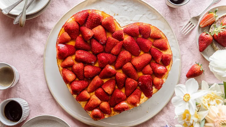 Herzförmige Torte mit Erdbeeren auf einem hellen Tisch mit Blumenschmuck und Tassen