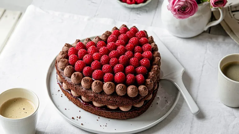 Herzförmige Schokotorte mit Himbeeren auf einem hellen Tisch mit Kaffeetassen