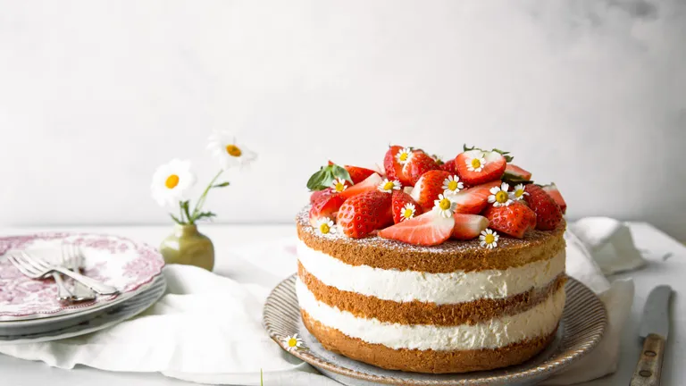 Ein Naked Cake mit Erdbeeren und Gänseblümchen vor einem hellen Hintergrund