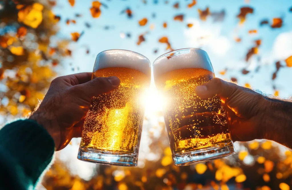 Zwei Hände stoßen draußen mit Bierkrügen an, während Herbstblätter herabfallen und das Sonnenlicht durch das goldene Bier scheint.