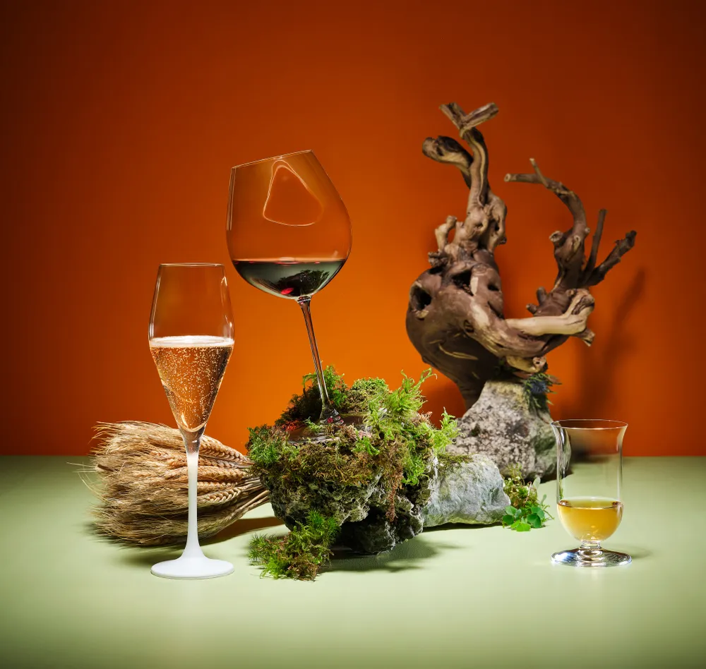 Eine kunstvolle Anordnung eines Rotweinglases, eines Champagnerglases und eines Whiskeyglases in herbstlicher Stimmung.