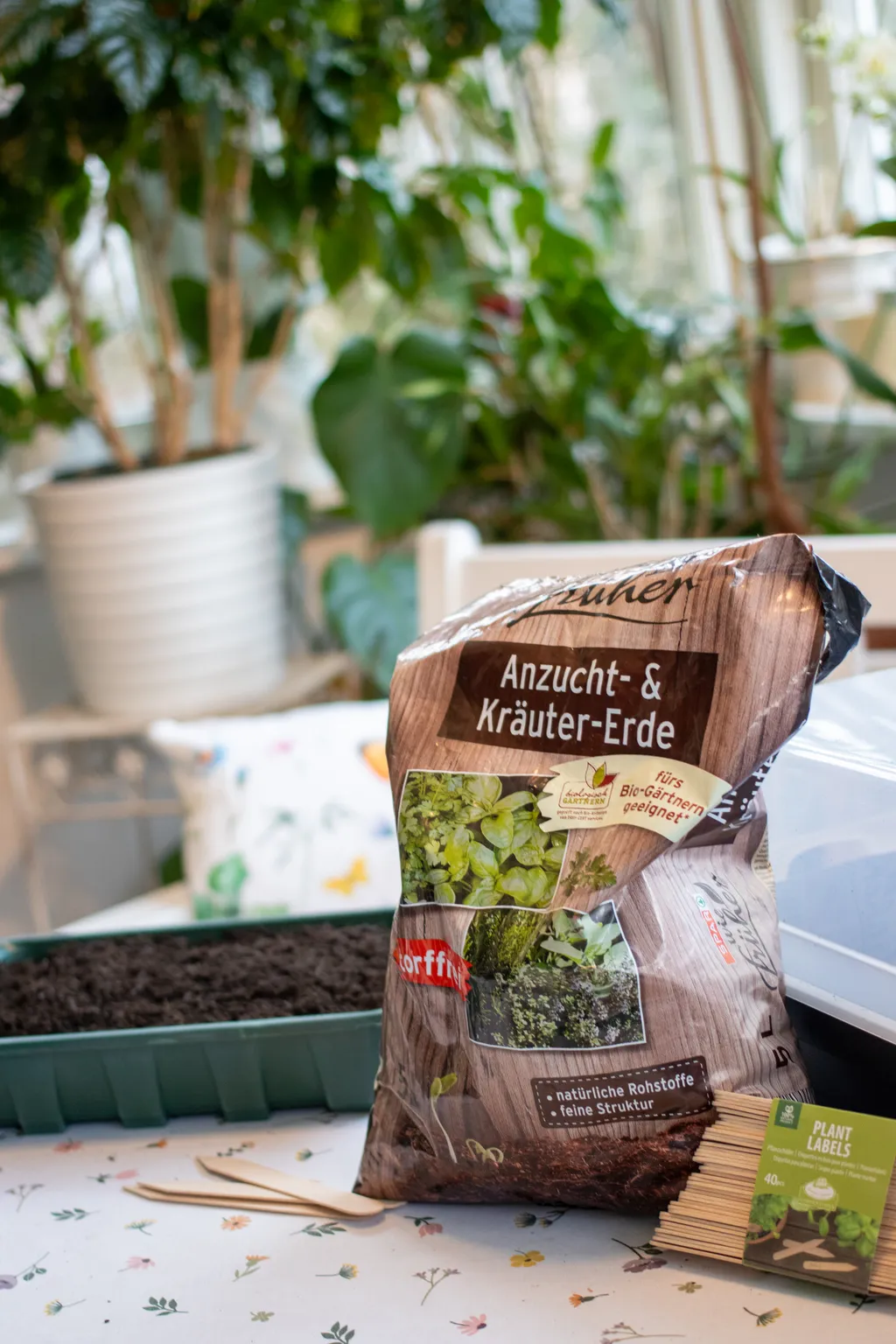 Samen, Saatschalen und Gartenhandschuhe auf einer geblümten Tischdecke
