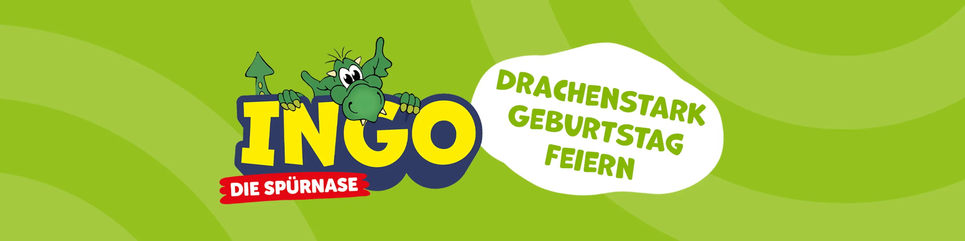 INGO-Banner mit einem grün-gemusterten Hintergrund, dem INGO-Logo und dem Text "Drachenstark Geburtstag feiern"