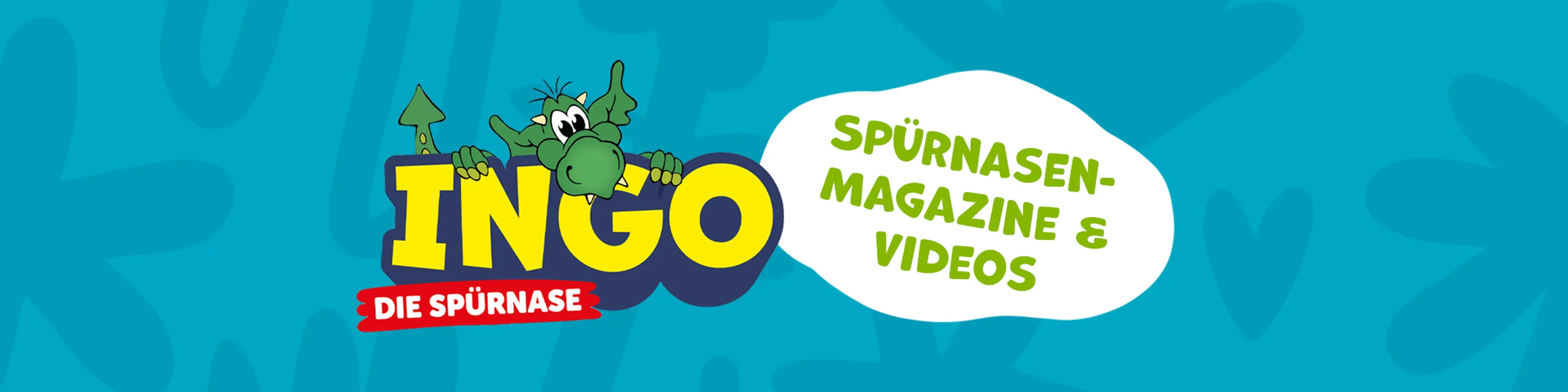 INGO-Banner mit einem blau-gemusterten Hintergrund, dem INGO-Logo und dem Text "Spürnasen-Magazine & Videos"