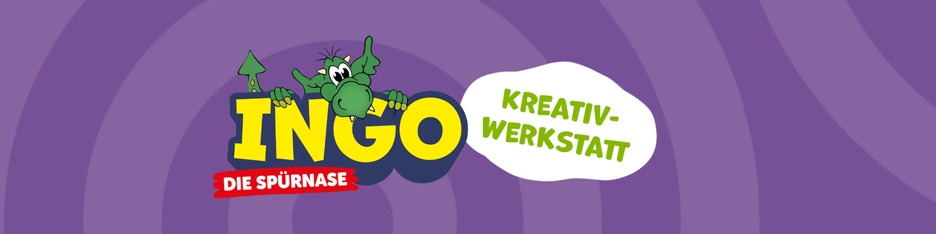 INGO-Banner mit einem lila-gemusterten Hintergrund, dem INGO-Logo und dem Text "Kreativwerkstatt"