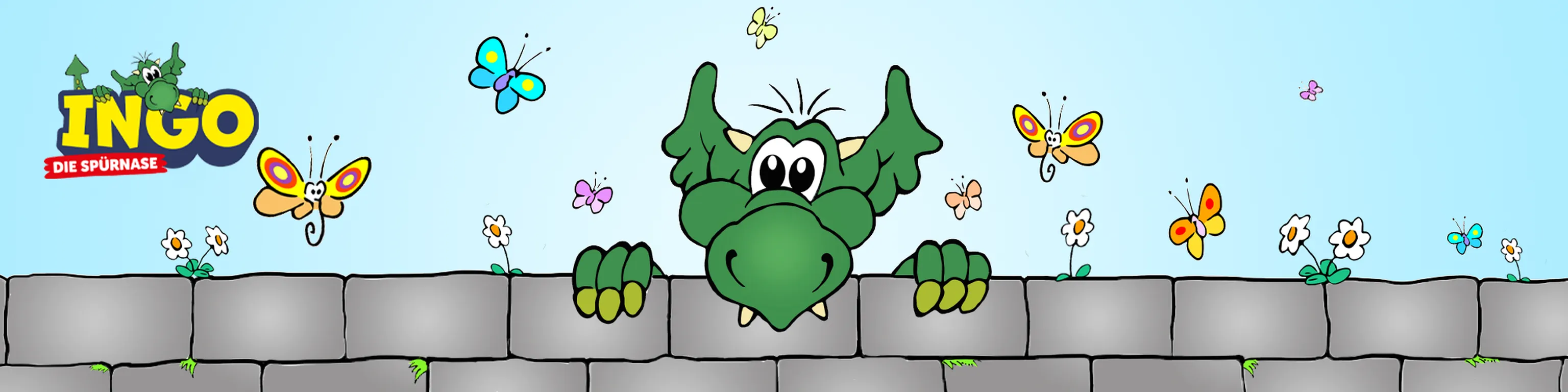 INGO, der kleine grüne Drache, schaut neugierig hinter einer Mauer hervor