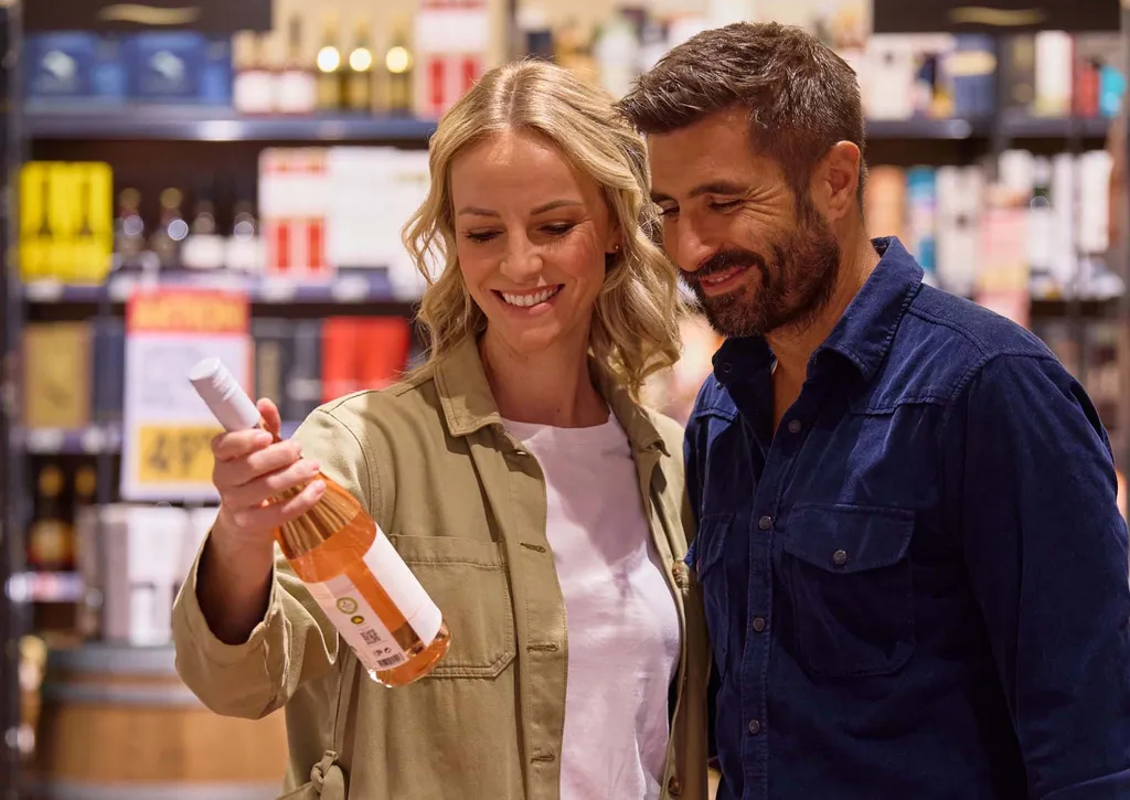 Ein Paar lächelt, während es in einem Geschäft eine Flasche Wein betrachtet; im Hintergrund sind Regale und Schilder zu sehen.