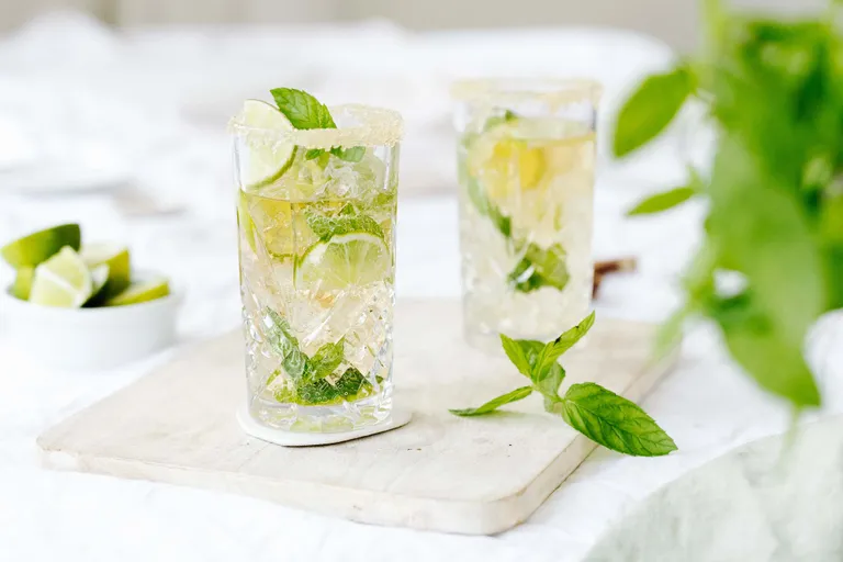 Zwei Gläser Mojito mit Limette, Minze und Eis auf einem Holzbrett, umgeben von frischen Minzblättern und Limettenschnitzen.