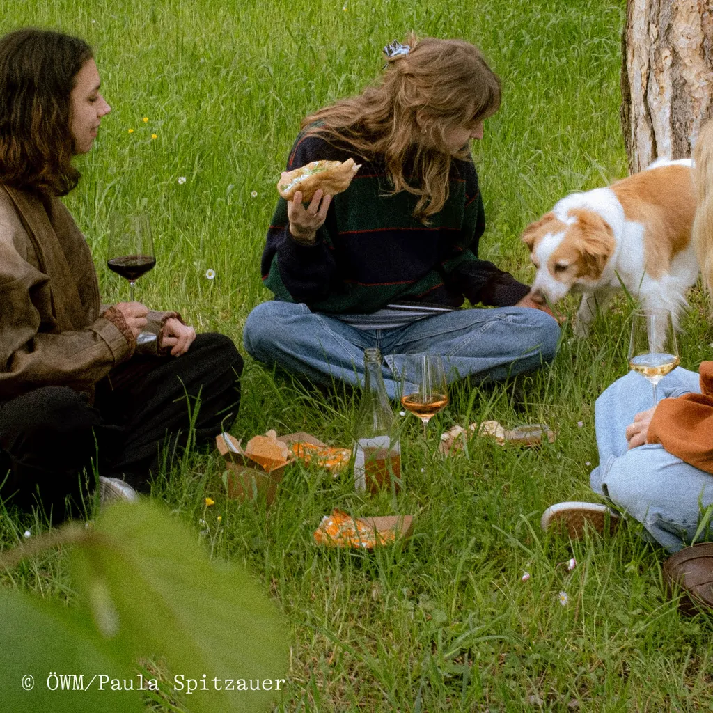 People having a picnic on grass; some hold drinks, one holds a sandwich. A dog sniffs near them. Pizza boxes and drinks are on the ground.