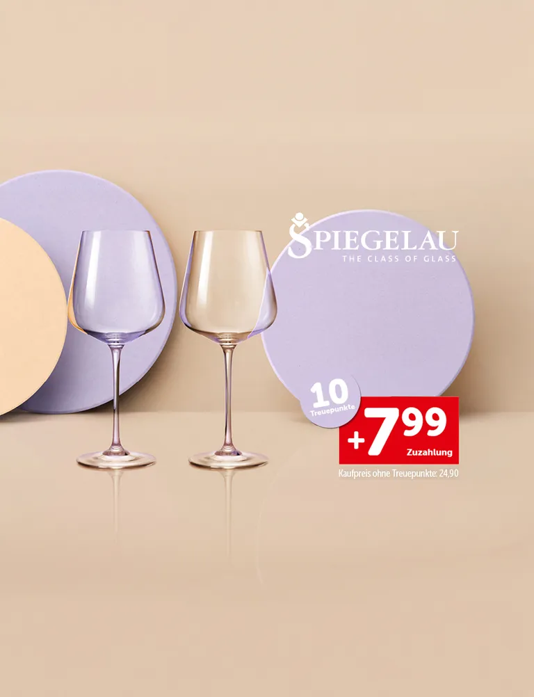 Zwei Rotweingläser und die Aufschrift "10 Treuepunkte. +7,99€ Zuzahlung. Kaufpreis ohne Treuepunkte: 24,90€"