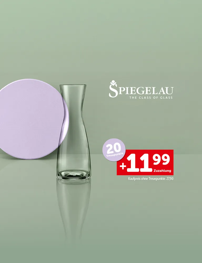 Eine Karaffe ohne Deckel und die Aufschrift "20 Treuepunkte. +11,99€ Zuzahlung. Kaufpreis ohne Treuepunkte: 27,90€"