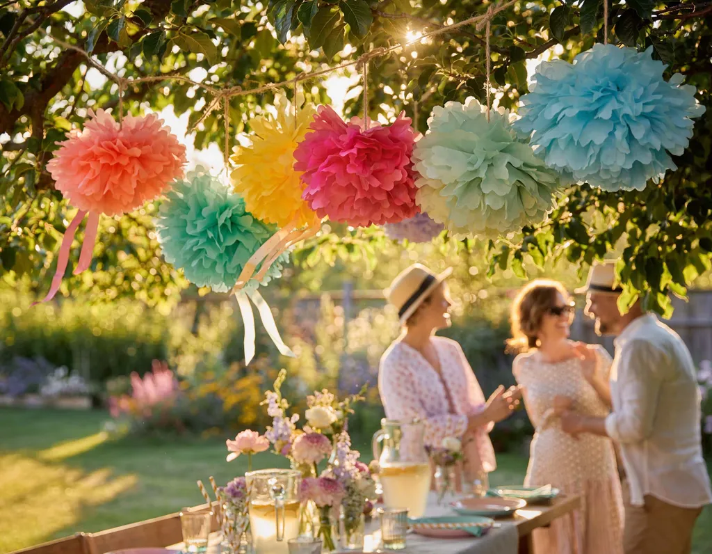 Aus papierservietten gebastelte, bunte papier-pom poms hängen bei einer gartenparty i 912404