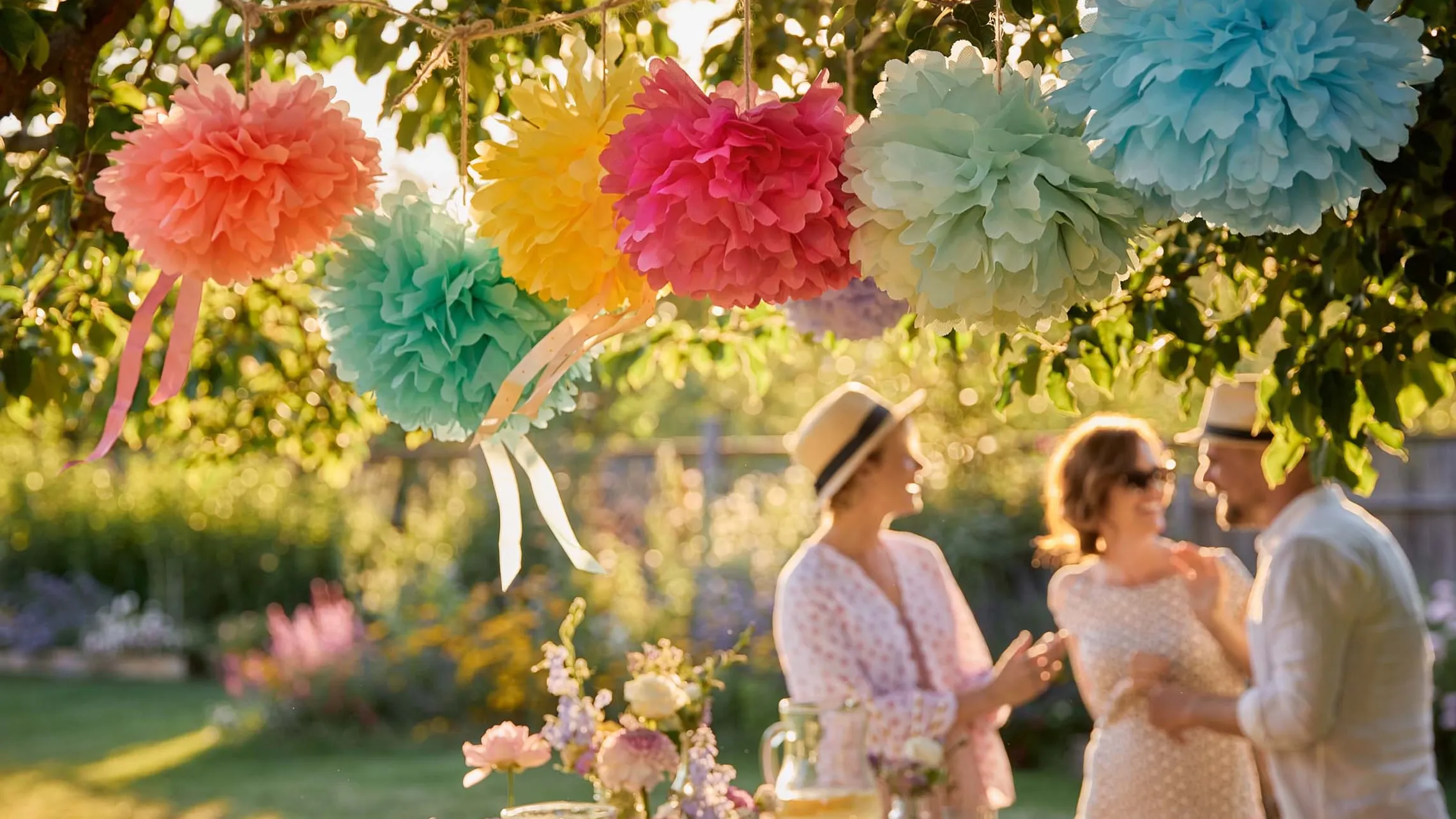 Aus papierservietten gebastelte, bunte papier-pom poms hängen bei einer gartenparty i 912404