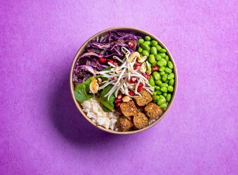 Eine farbenfrohe Schüssel mit Quinoa, Falafel, Edamame, Rotkohl, Sojasprossen, Granatapfelkernen und Blattgemüse auf violettem Hintergrund.
