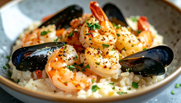 Eine Risotto-Schüssel mit Meeresfrüchten, garniert mit Garnelen, Muscheln, frischen Kräutern und Gewürzen, serviert in einer Keramikschale.