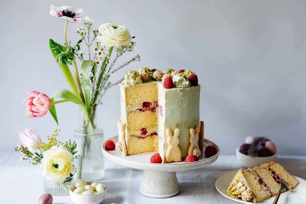 Hoher Kuchen mit weißer Creme, Himbeeren und Hasenkeksen auf einem Ständer; daneben Blumen und verzierte Eier. Ein Stück auf einem Teller.